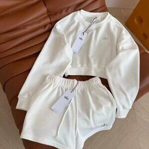 Alo Yoga White Minimalist Cropped Sweatshirt + Shorts Two-Piece Set, Size M